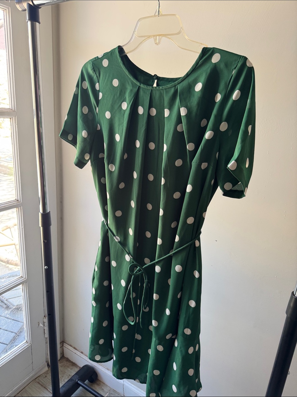 Ann Taylor Green Polka Dot Tie-Waist Mini Dress
